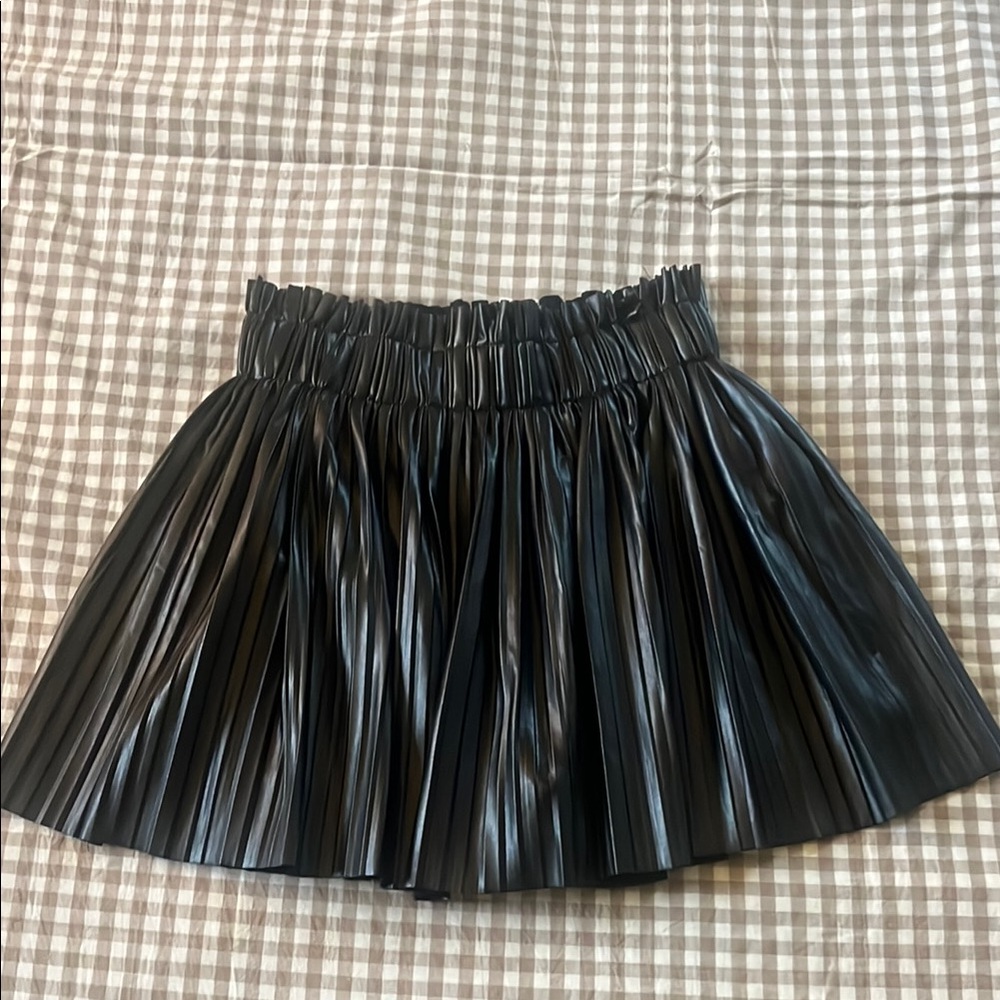 Black Leather Mini Skirt with Pleated Smocked Design